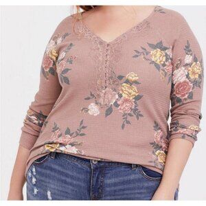 Torrid Waffle Knit Henley Top Size 1X Lace Thermal V-Neck Tunic Cottagecore Boho